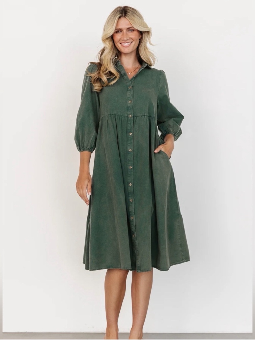 Button-Front Midi Dress in Forest Green